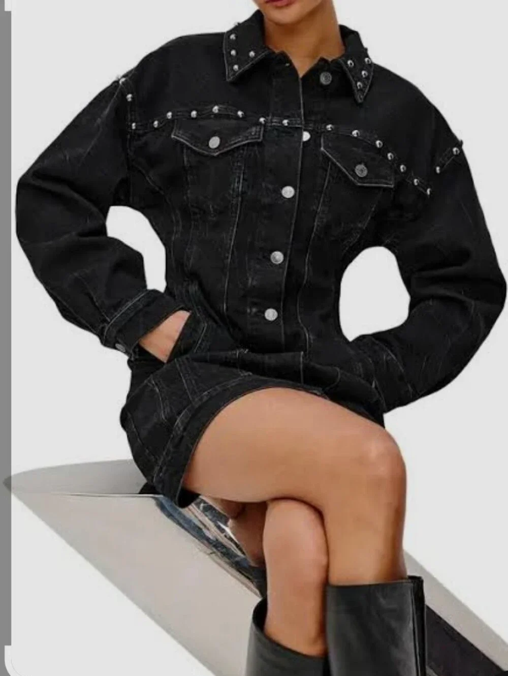 Rails Ladera Studded Denim Mini Dress NWT Size Large Black Long Sleeve - Picture 4 of 16